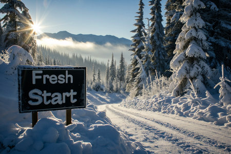 Signboard with the inscription fresh start in the mountains in winter.の素材