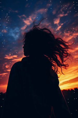 Silhouette of a girl with flying hair against the sunset skyの素材