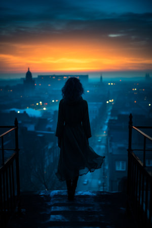 Silhouette of a girl in a long dress on the background of the city at sunsetの素材