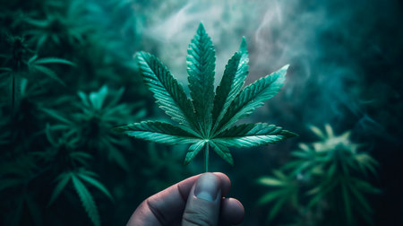 Cannabis leaf in handjuana leaves backgroundjuana legalization concept, cannabis indicaの素材
