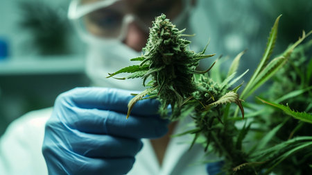Cannabis plant in the hands of a scientist in a laboratoryの素材