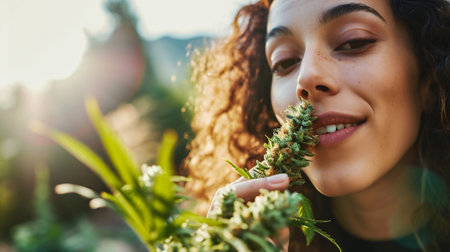Close-up portrait of a beautiful young woman with curly hair holding a cannabis plant in her hands. The concept of legalization of the cannabis.の素材