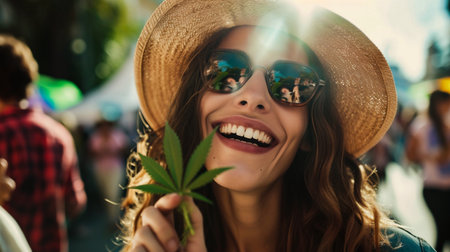 Cheerful young woman in straw hat and sunglasses holding cannabis leaf and smiling at camera.の素材