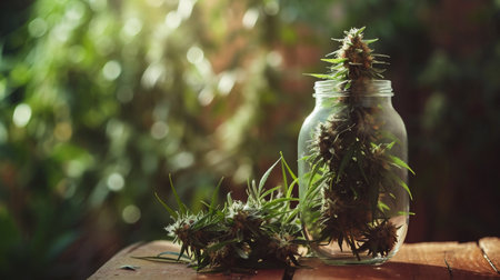 Cannabis buds in a glass jar on a wooden table.の素材