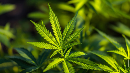 Marijuana leaves on a blurred background. Green leaves of marijuana.の素材