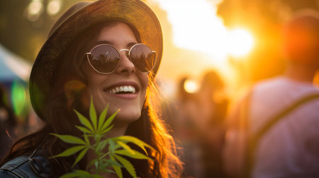 Portrait of smiling young woman with cannabis leaf at music festival in cityの素材