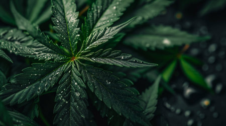 Cannabis leaves with water drops on dark background, top viewの素材