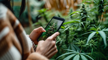Close-up of a young woman using smartphone to take a photo of cannabis plantの素材