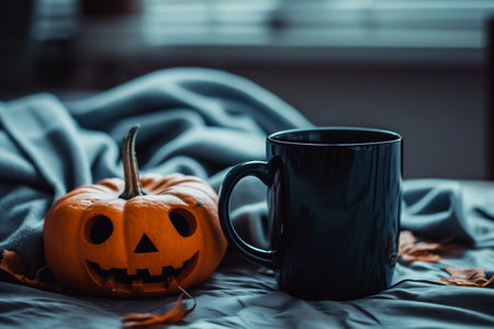 Halloween pumpkin with black cup of coffee or tea on bed.の素材