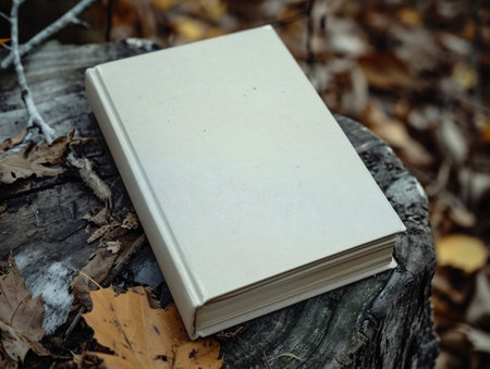 Blank book on a stump in the autumn forest. Selective focus.の素材