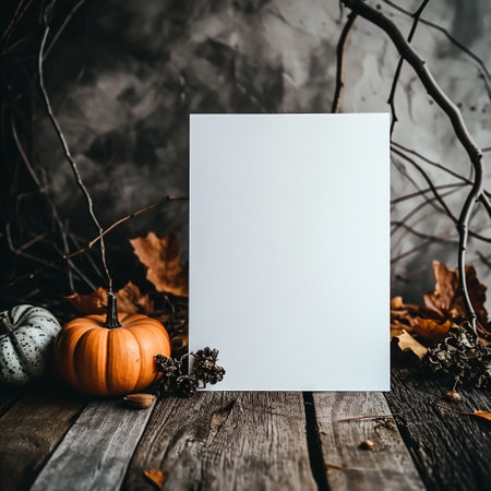 Autumn still life with pumpkins, leaves and white blank card on rustic wooden background.の素材