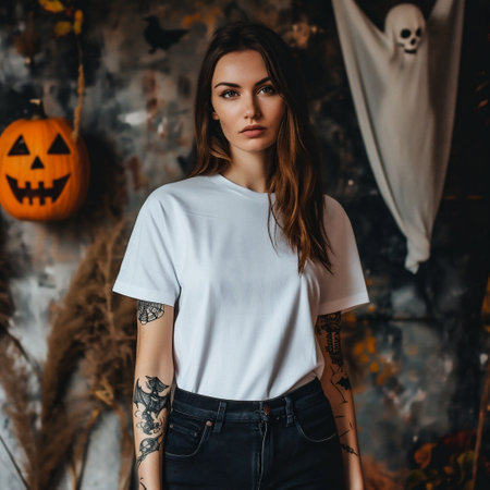 Beautiful girl with tattoos on her arms, dressed in a white T-shirt and jeans, stands in a halloween decorated roomの素材