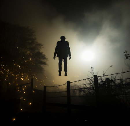Silhouette of a man flying in the middle of a foggy night.の素材