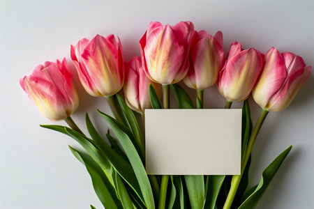 Bouquet of pink tulips with greeting card on white backgroundの素材