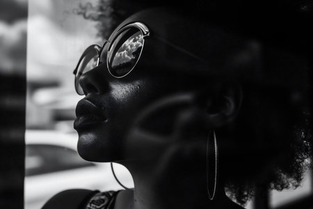 Black and white portrait of a beautiful african american woman in sunglassesの素材