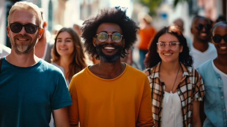 Portrait of a smiling young man with friends in the background.の素材