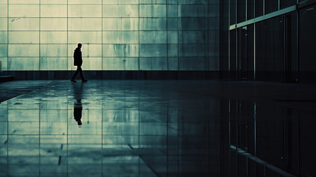 Silhouette of a man walking in front of a glass wallの素材