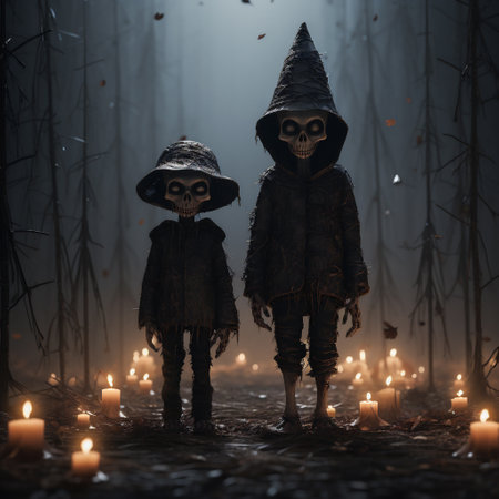 Halloween concept. Two boys in the dark forest with candles.の素材