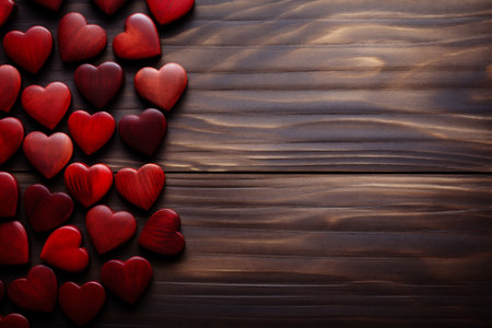 Valentine's day background with red hearts on wooden board.の素材