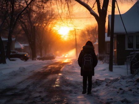 A boy with a backpack walks along a snowy road at sunset.の素材