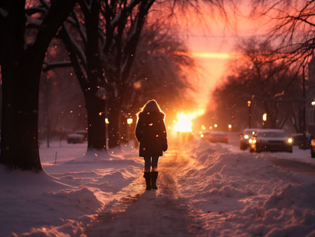 Little girl walking on a snowy road in the city at sunset.の素材