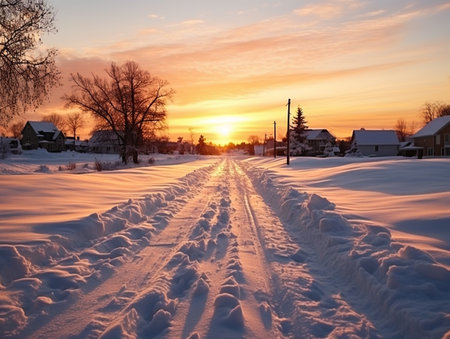 Sunset in the village. Winter landscape. Snowy road.の素材