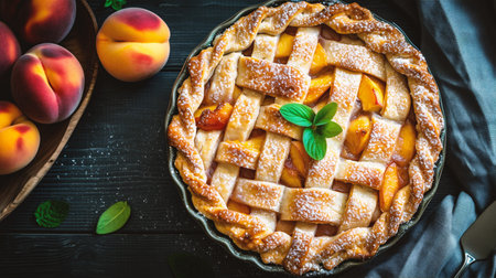 Apricot pie with fresh apricots on black wooden backgroundの素材