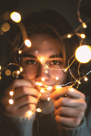 Portrait of a beautiful young woman with christmas lights in her handsの素材