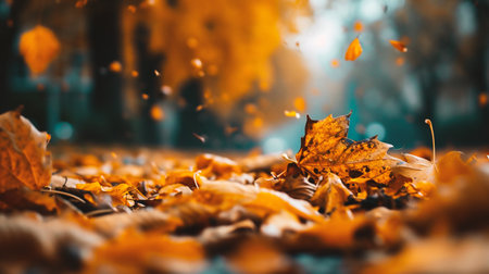 Fallen leaves on the ground in autumn park. Selective focus.の素材