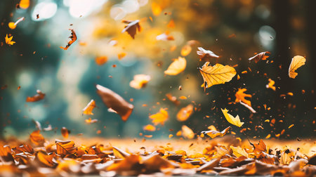 Fallen leaves in the autumn forest. Autumn background with falling leavesの素材
