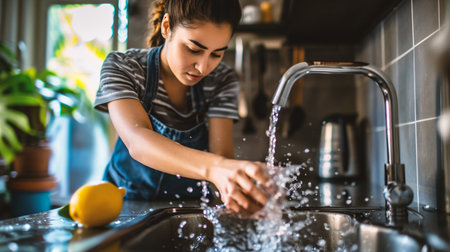 Beautiful young woman washing vegetables and fruits in the kitchen at homeの素材