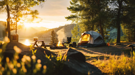 Camping in the forest at sunset. Beautiful summer landscape with bonfire and tent.の素材