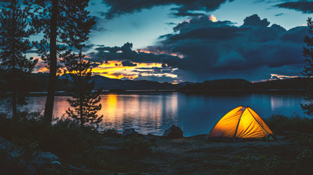 Camping tent on the shore of a lake at sunset. Camping on the shore.の素材