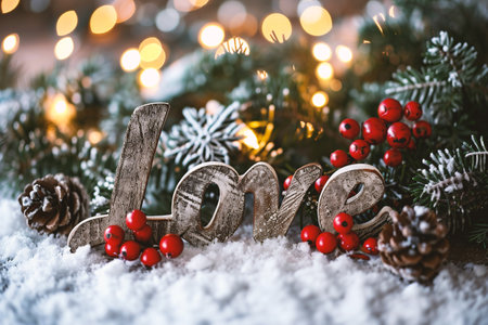 Wooden letters LOVE on the background of a Christmas tree and bokehの素材