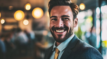 Portrait of handsome businessman in suit smiling at camera in coffee shopの素材