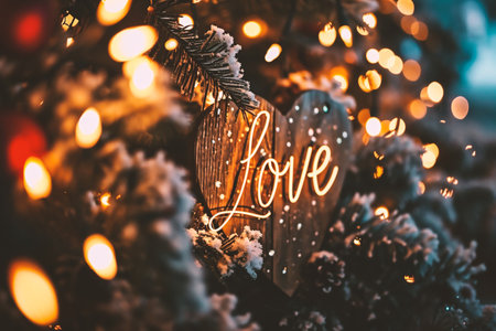 Love lettering on the Christmas tree with bokeh background.の素材