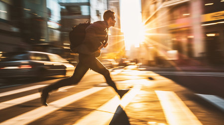 young man running in the city at sunsetの素材