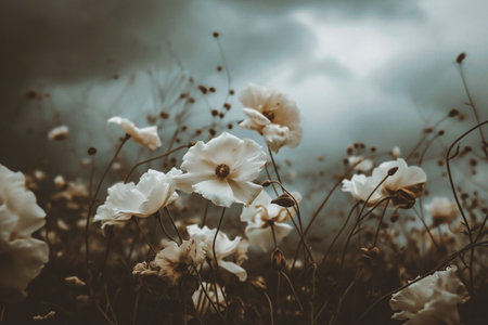 White cosmos flowers blooming in garden, vintage filter and soft focusの素材