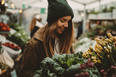 Beautiful young woman buying fresh flowers at the local farmers market.の素材