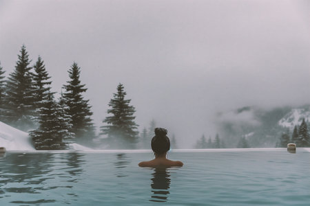 Woman relaxing in outdoor swimming pool with foggy mountains in the backgroundの素材