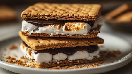 Stack of cookies with chocolate and marshmallows on a white plateの素材