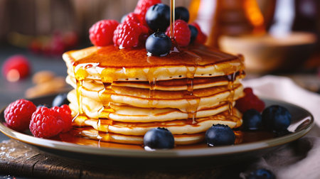 Pancakes with fresh berries and maple syrup on plate, closeupの素材