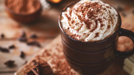 Hot chocolate with whipped cream and cocoa powder on wooden table, closeupの素材