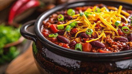 Chili con carne in pot on wooden background. Selective focus.の素材