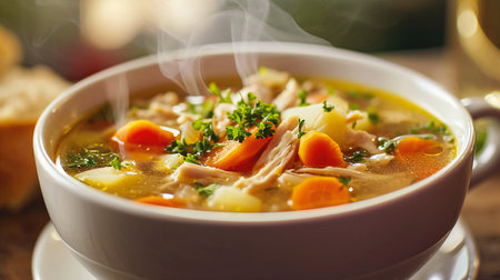 Soup with chicken and vegetables in a bowl on a wooden tableの素材