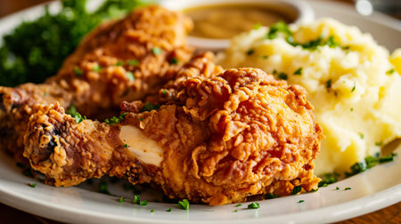 Fried chicken legs with mashed potatoes and sauce on a white plateの素材