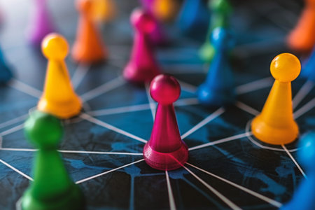 Close-up of colorful chess pieces on a chessboard. Selective focus.の素材