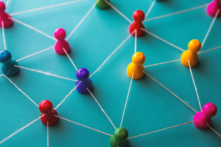 Social network concept. People connected with pins on blue background. Selective focus.の素材