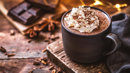 Hot chocolate with whipped cream and cocoa powder on a wooden background.の素材