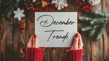 Merry Christmas and Happy New Year. A woman in a red sweater holds a sheet of paper in her hands.の素材